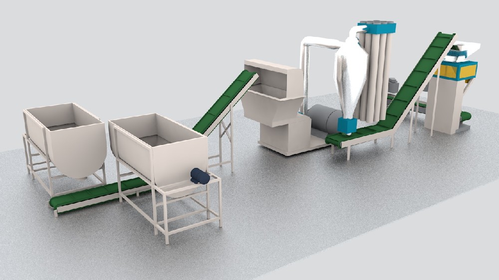 Wood crushing and packaging line
